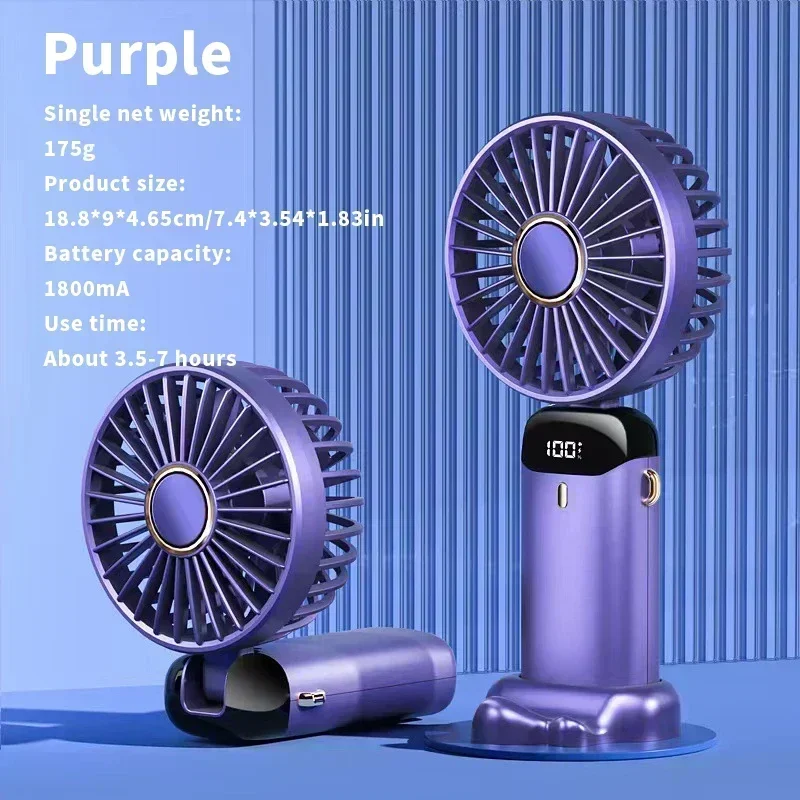 USB-Hand-Mini-Ventilator, faltbar, tragbar, zum Aufhängen bin Hals, 5-Gang-USB-wiederaufladbarer Ventilator mit Telefonständer und Bildschirm: Lila
