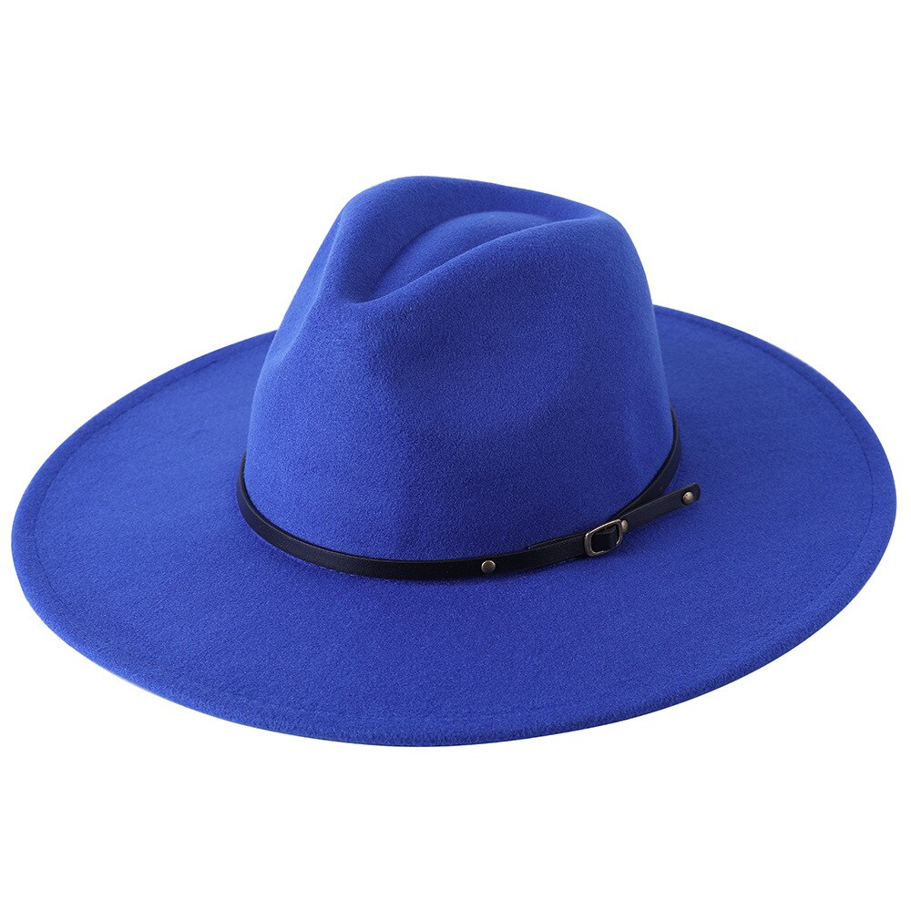 Chapeau Fedora en laine à large bord pour homme et femme, couleur unie, , Jazz, feutré, Panama, jaune: Royal blue