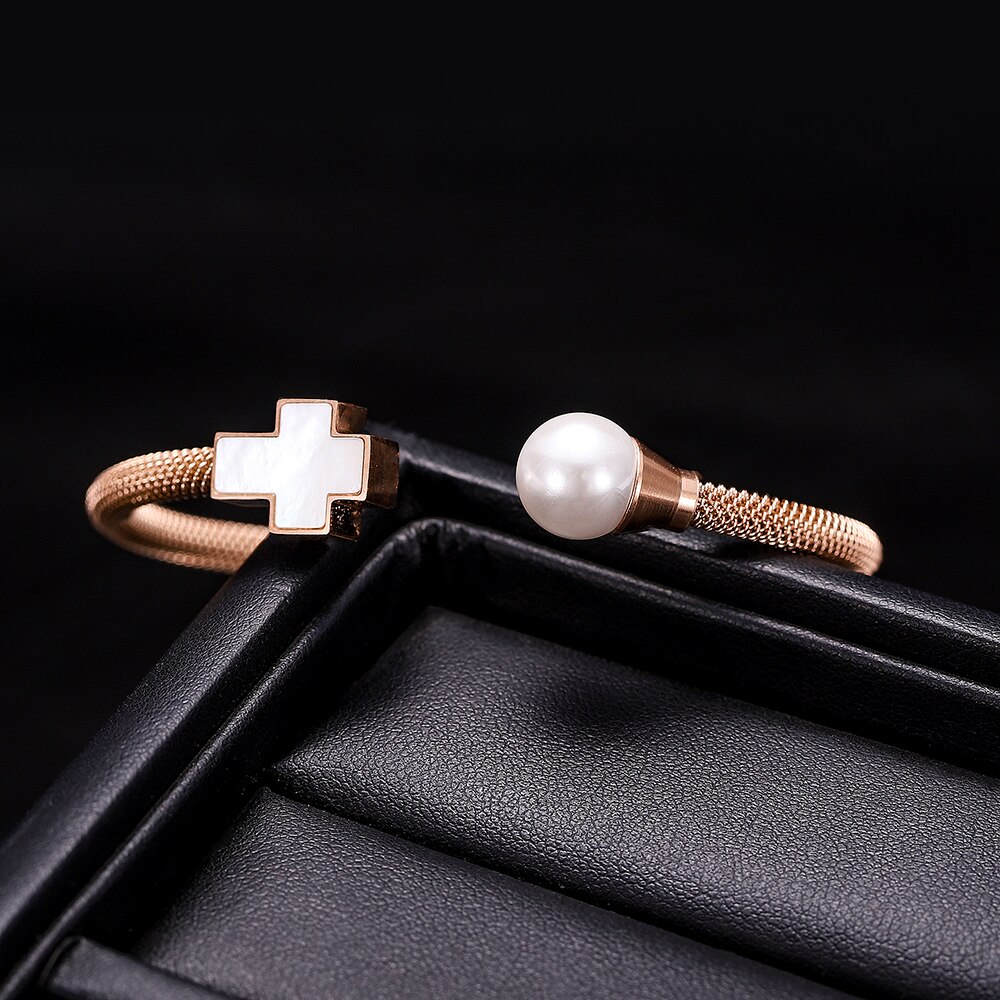 Three Color Cable Wire Bangles For Women Stainless steel Cross Charm Jewelry Bracelets Bangles With Pearl