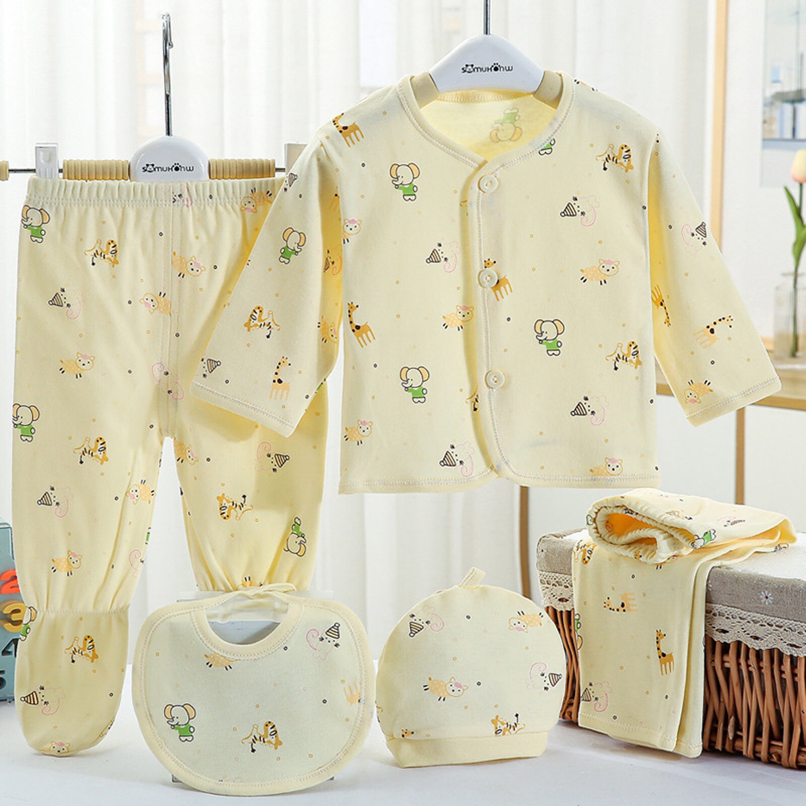 5Pcs Peuter Baby Slppwear Sets Pasgeboren Jongens Meisjes Cartoon Lange Mouwen Tops + Hoed + Broek + Bib Outfits set Zuigelingen Kleding Nachtkleding