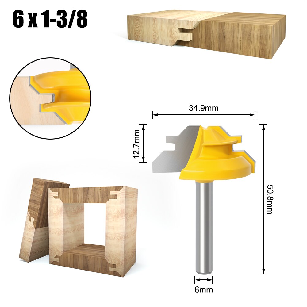 Vástago de 8mm, bloqueo de 45 grados, broca enrutadora de inglete, fresa, herramienta de carpintería de espiga para corte de madera, aleación de carburo 6/6,35mm 1-1/2: > 32mm