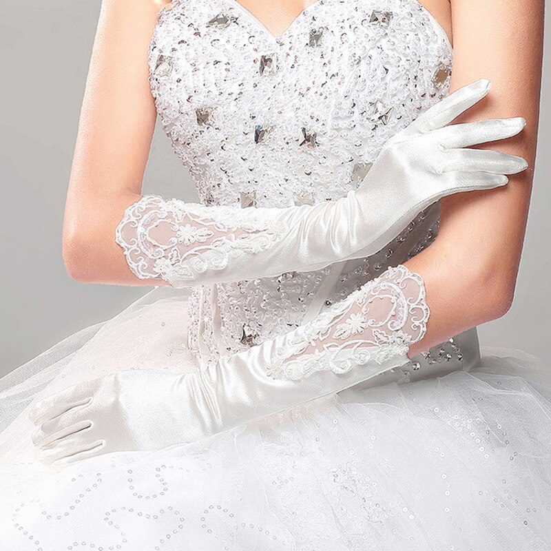 Guantes de novia baratos para mujer, guantes largos de novia, guantes de encaje blanco con cuentas, para dedos satín, accesorio para novia, longitud del codo