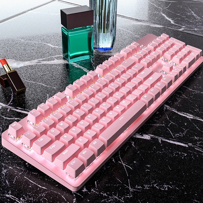 Pink Real Mechanical Keys and Pink Disc Mouse Set Cute Girls E-Sports Game for PC/Laptop/MAC