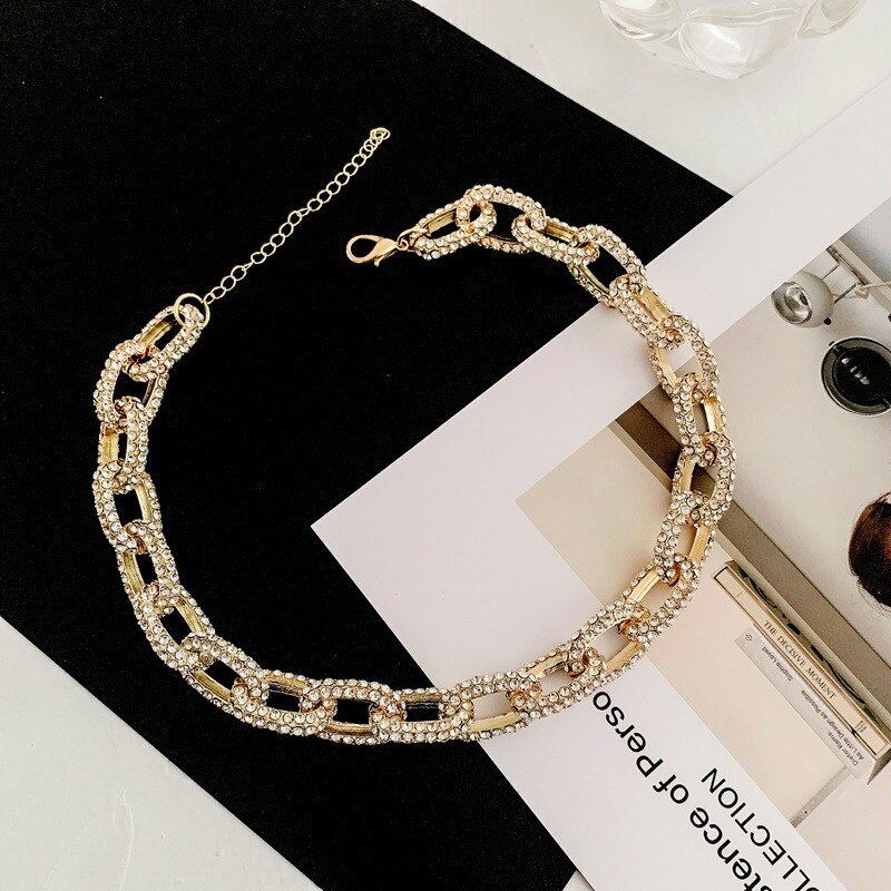 Luxe glinsterende, dikke cubaanse ketting met strass-steentjes voor dames, goud, zilver, metalen, holle, brede schakelketting, accessoires