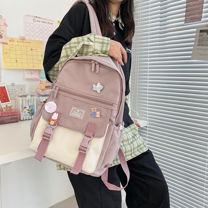 DCIMOR Preppy Style Buckle Student Backpack Contrast Color Zipper Waterproof Nylon Women Backpack Female Lovely Travel Bagpack