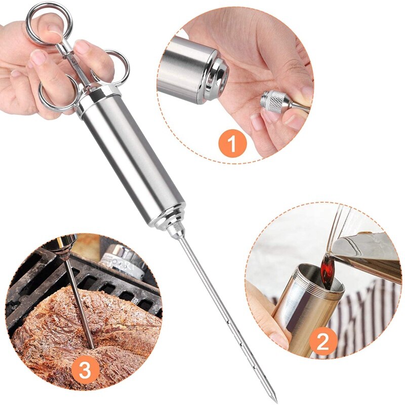 Stainless Steel BBQ Frying Spice Syringe 60Ml with 3 Needles,Kitchen Gadgets for BBQ Meat Beef Chicken Pastry with Jam