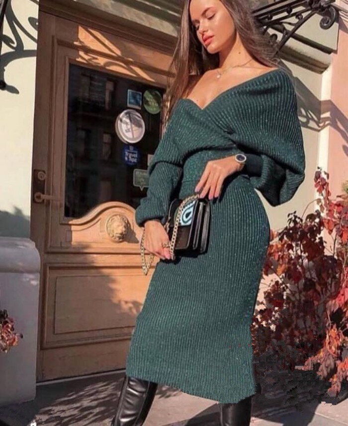 V-neck Knitting Sweater Women Set 2 Piece Pullovers Skirt Outfits For Women Suit Casual Shoulder Off Top Pack Hip Women Set