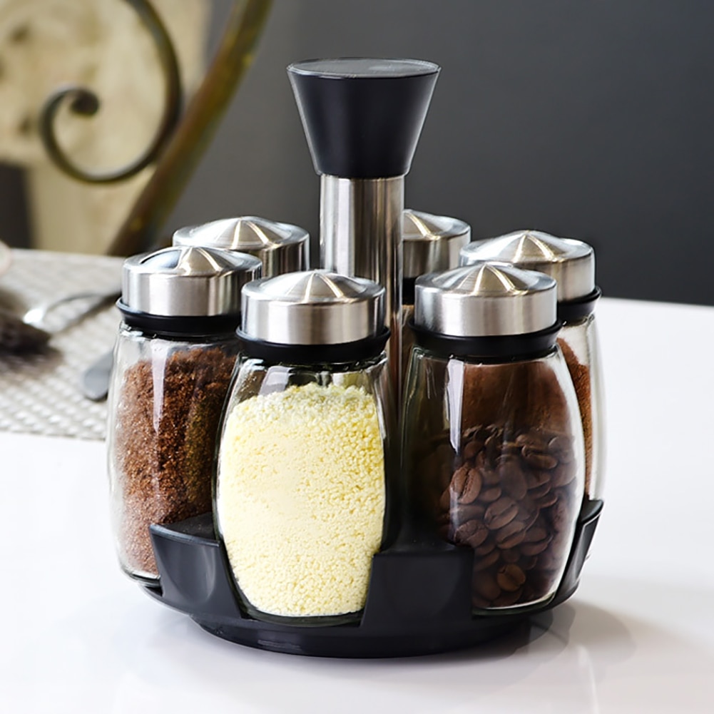 6Pcs Keuken Roterende Glazen Kruiden Flessen Kruiden Zout Peper Opbergrek Keuken Potten Voor Kruiden Roterende Glas Cruet