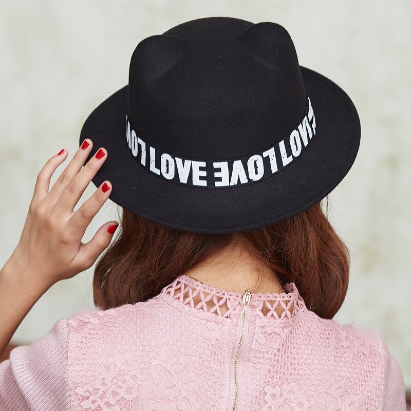 Sombrero de fieltro de lana con orejas de gato para mujer y niña, sombrero de ala ancha, de cubo, GH-214, para Otoño e Invierno