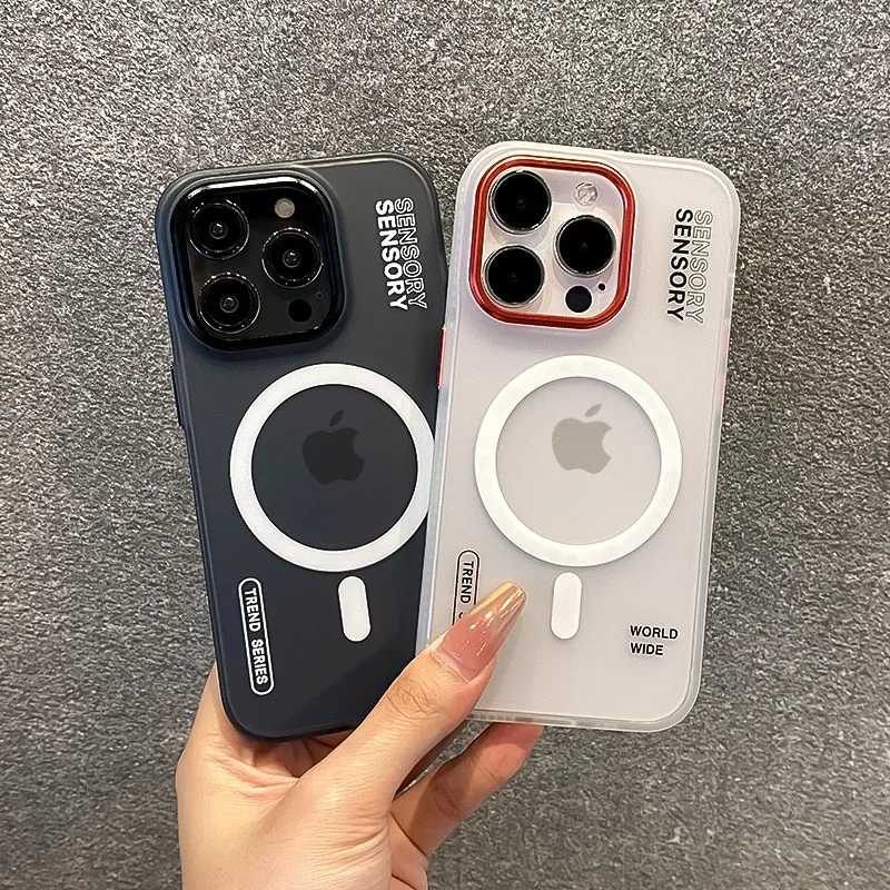 Para Magsafe funda magnética de armadura de para iPhone 16 ProMax 15 14 13 12 Pro Max Plus funda mate de carga inalámbrica cubierta de lente de Metal