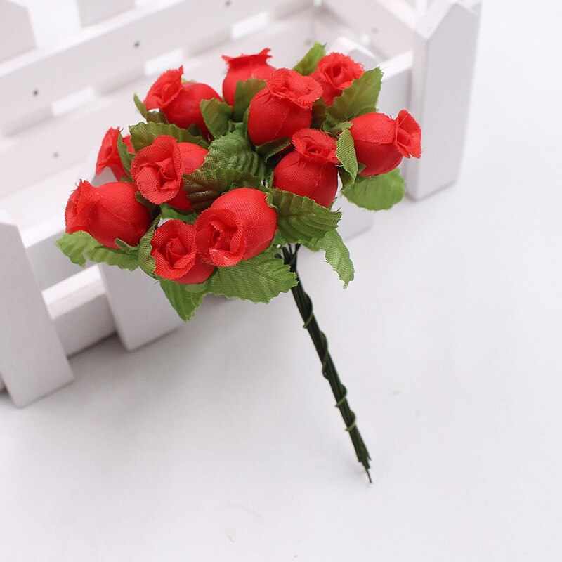 1 bukett 12 blomhuvuden mini ros konstgjord siden blomgren små rosenknoppar för hemmet bröllopsfest gör-det-själv-inredning