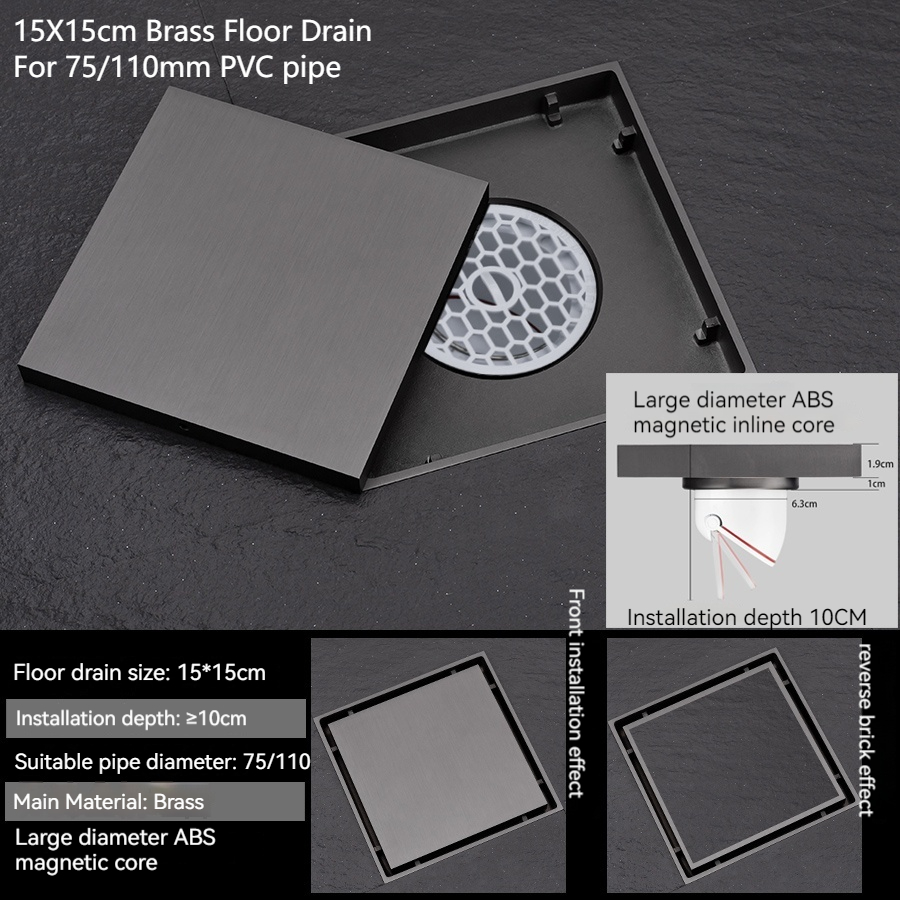 Brass Floor Drain, Metal Grey Color, Washing Machine, Bathroom, Shower, Invisible, Long Strip, Bathroom