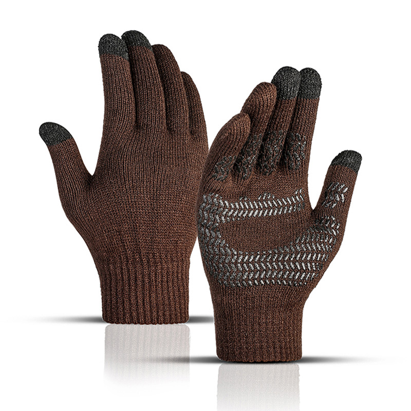 Guantes de punto antideslizantes para hombre, manoplas masculinas de goma antideslizantes de dedo completo para conducción, negocios y ciclismo, con pantalla táctil, para invierno y otoño: Brown