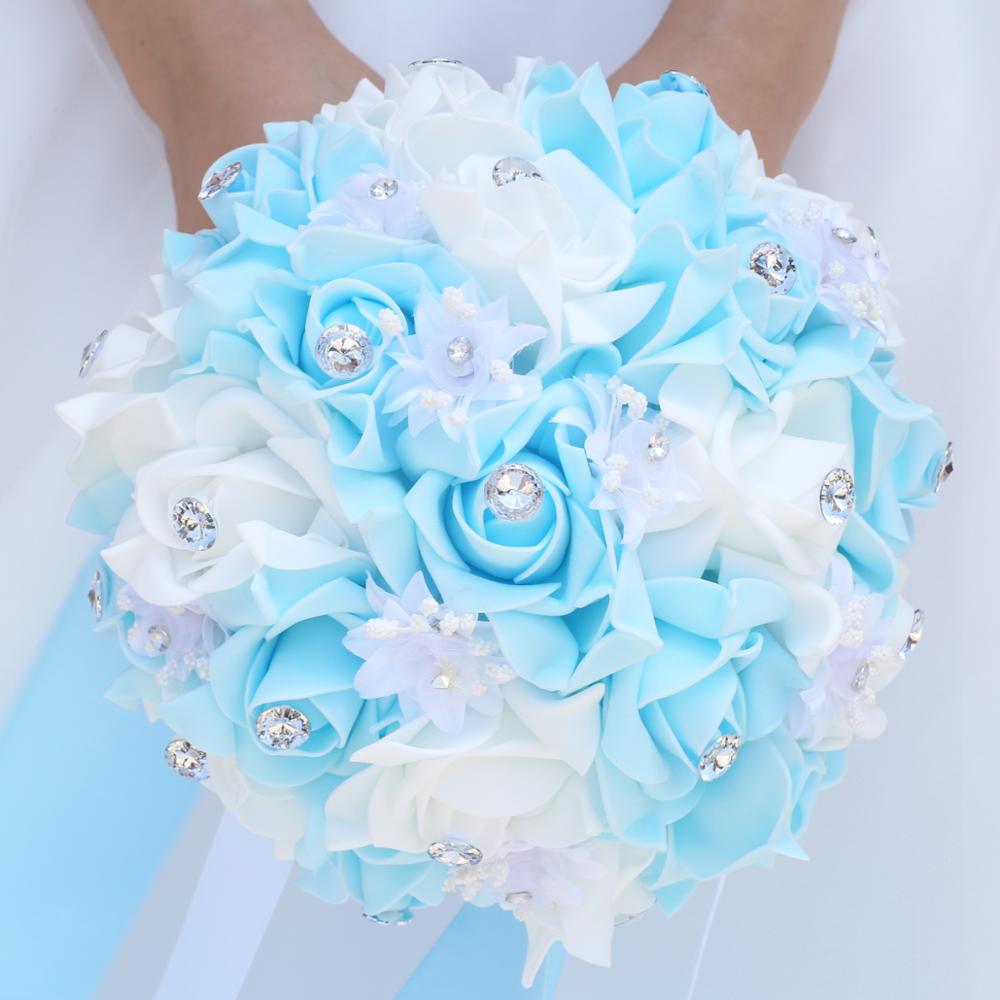 Simple Bridesmaid Foam Bouquet Wedding Bouquets Diamond Ribbon PE Bouquet Bridal Holding Artificial Flowers Mariage FW008: FW008blue