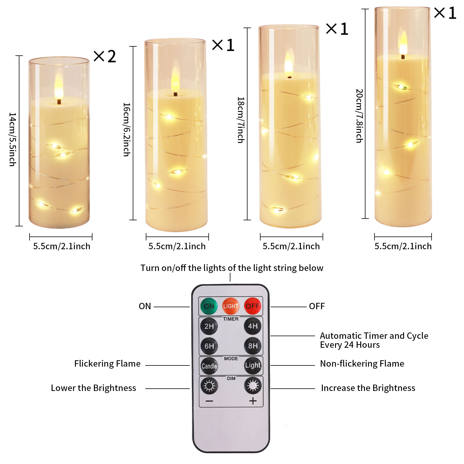 Ensemble de 5 bougies LED sans flamme avec guirlande lumineuse étoile intégrée, bougies pilier à piles avec minuterie à distance pour la décoration de la maison