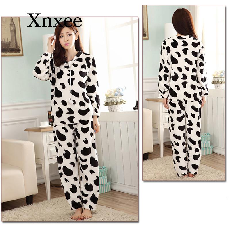 Coral fleece cow black and white animal Cartoon Flannel Women Pajama Sets Autumn and Winter Cute Thick Warm Women Sleepwear