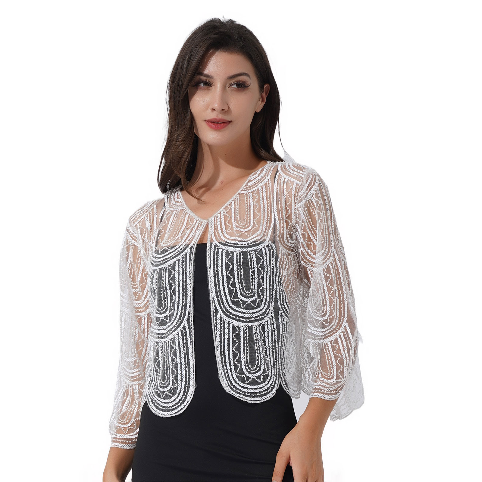 Bolero de lentejuelas para mujer, chal de manga larga, encogimiento de hombros, cárdigan, Tops, envoltura nupcial de boda, vestido sin mangas, cubierta de protección solar: Beige