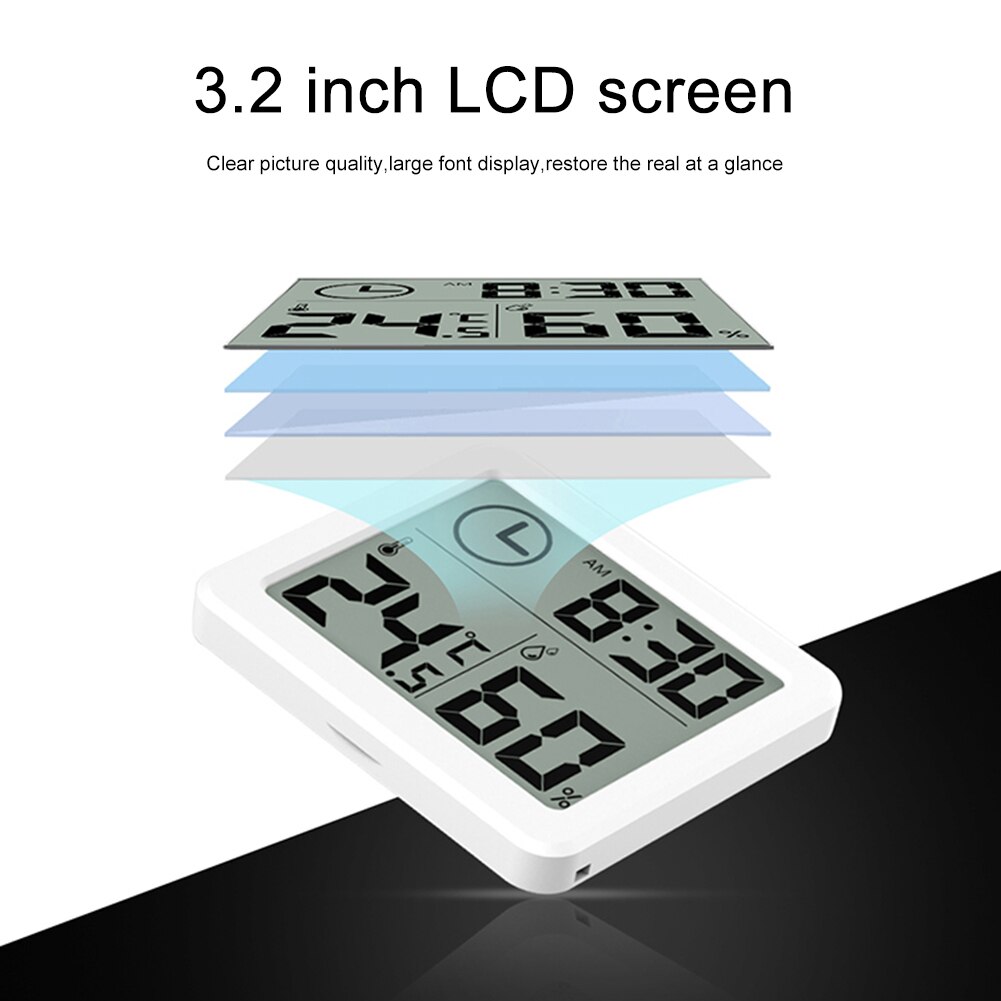 3.2inch LCD Screen Display Digital Thermometer Ultra Thin Hygrometer Automatic Electronic Humidity Monitor Alarm Clock