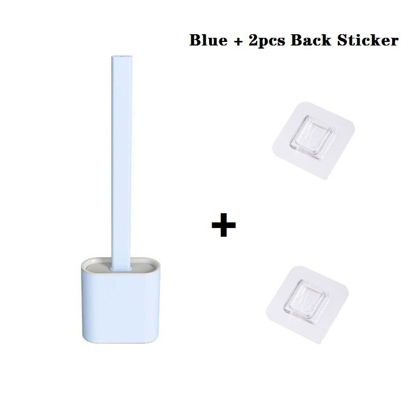 1pc silikon wc toalettbørste veggmontert flatt hode fleksibel myk børste hurtigtørkende holder 2 stk back stick baderomstilbehør: Blå med 2 stk bak