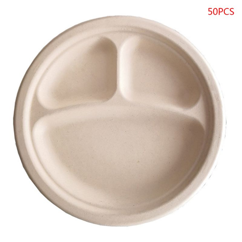 50Pcs/bag 9\"/10\" Degradable Bagasse Paper Plate 3 Compartment Disposable Plate