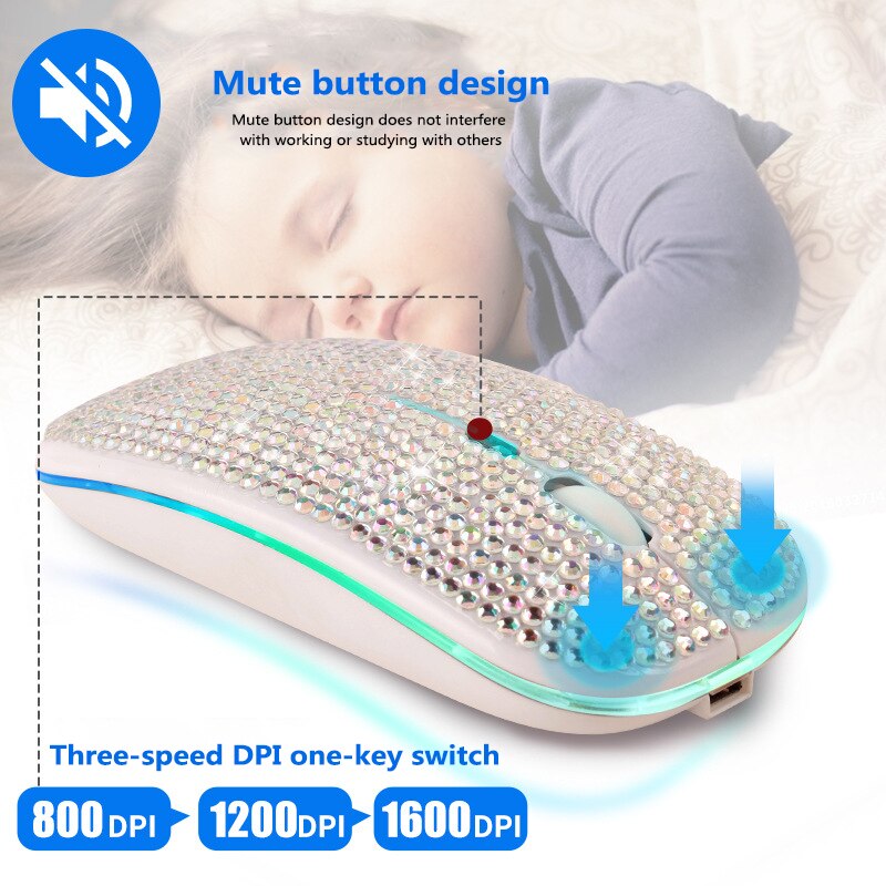 Wireless Bluetooth Silent Mouse 2.4G VML-10 USB Rechargeable RGB Colorful Lights Diamond Shiny Office Mouses Mini USB Receiver