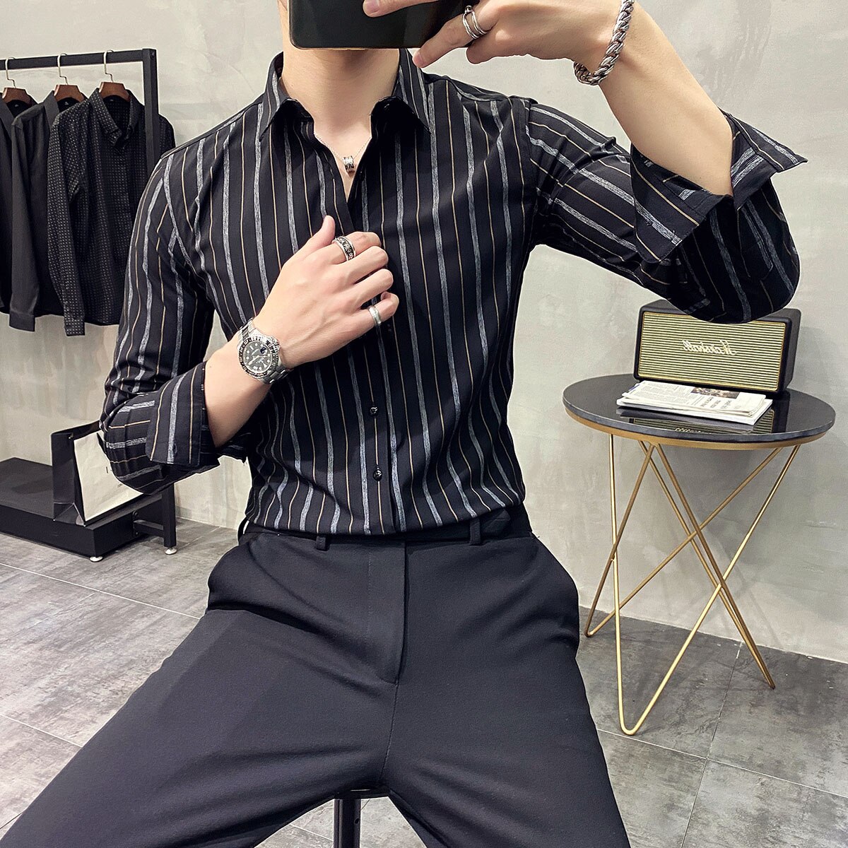 automne chemises hommes robe rayure verticale Streetwear mince hommes Chemise d'affaires décontracté à manches longues Chemise Homme smoking Chemise