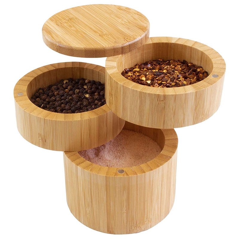Bamboo Triple Salt Box,Wood Box,3-Tier Round Bamboo Box for Salt or Spice with Magnetic Swivel Lid Spice Storage Box