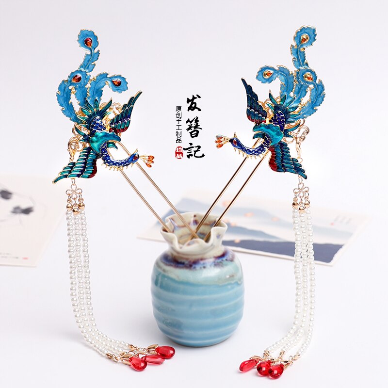 Antik cloisonne kanzashi lang kvast step shake oldgammel kostume hovedbeklædning hårnåle hårstift cosplay phoenix hanfu tilbehør