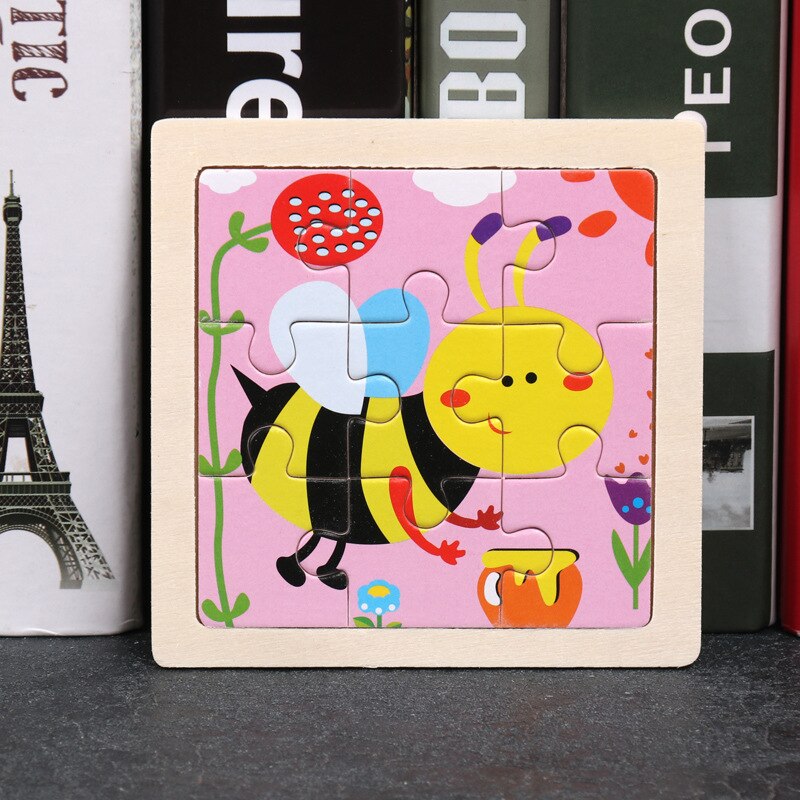 Puzle de madera de juguete para niños, 9 piezas, 3D, mini tamaño, dibujos animados, animales, tráfico, tangram, puzzle, educación: 2-bee