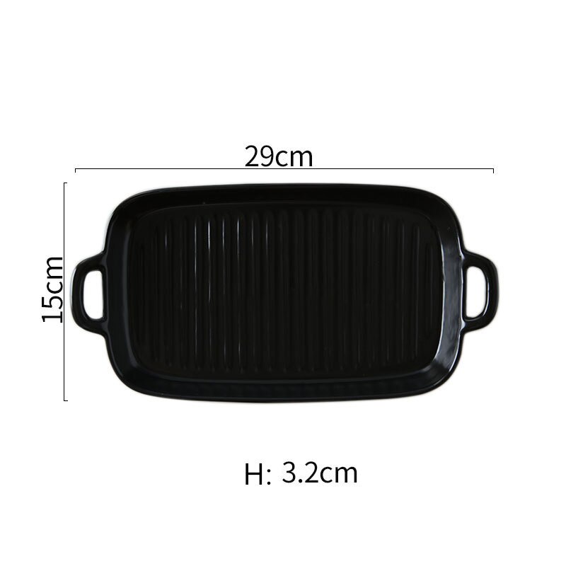 Nordic Solid Rectangle Ceramic Dinner Plate Double Ears Heat Resistant Porcelain Cheese Baking Plate Steak Sushi Fruit Tray: Rectangle Black