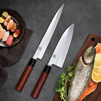 Bigsunny sashimi sushi deba -veitsi, saksalainen ruostumattomasta teräksestä valmistettu ammattimainen viipalointiveitsi , 9 "yanagiba  / 7 " deba  / 5 "apuohjelma, ruusupuukahva