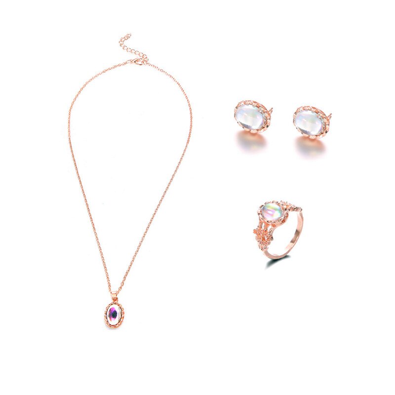 Schattige Vrouwelijke Ovale Maansteen Sieraden Set Charm Rose Goud Kleur Stud Oorbellen Voor Vrouwen Dainty Bruid Bruiloft Collier Ring