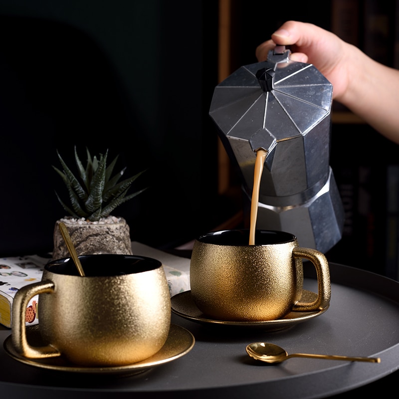 Dubai Bur-Juego de Tazas de café doradas de lujo, platillo de cerámica, vaso de té mate esmerilado, Latte, taza de expreso, Tazas, cuchara suelta