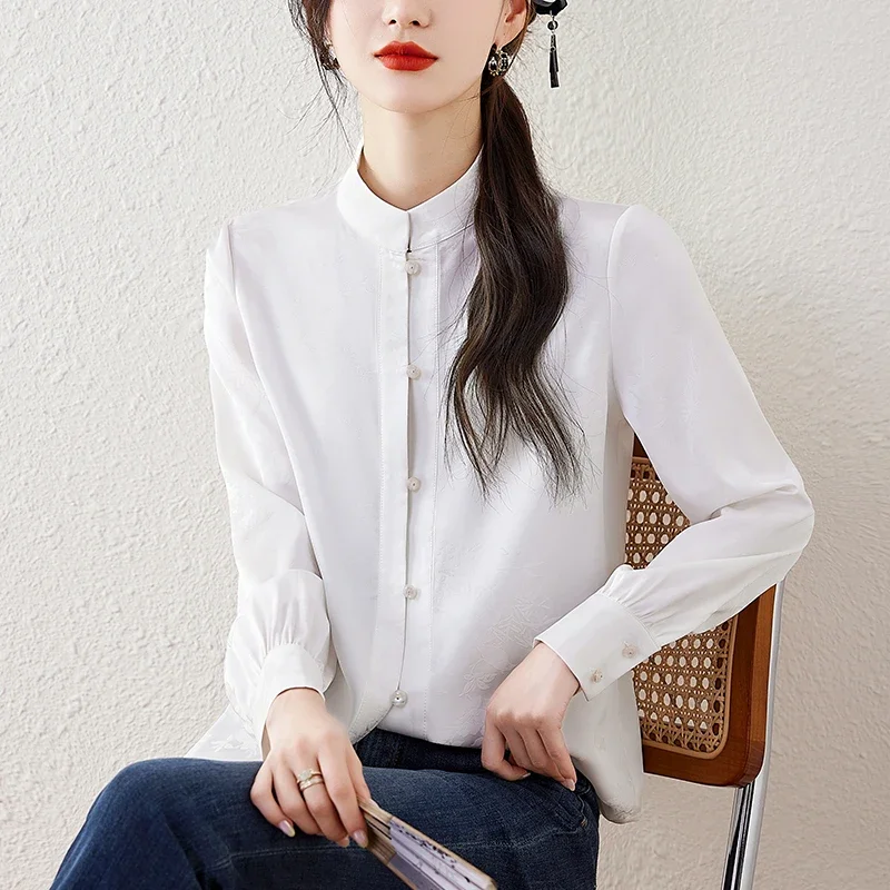 Satin Chinese Style Women's Shirt Spring/Summer Print Clothing Sales Loose Long Sleeves Korean Tops O-neck Vintage Women Blouses: XXXL / WHITE