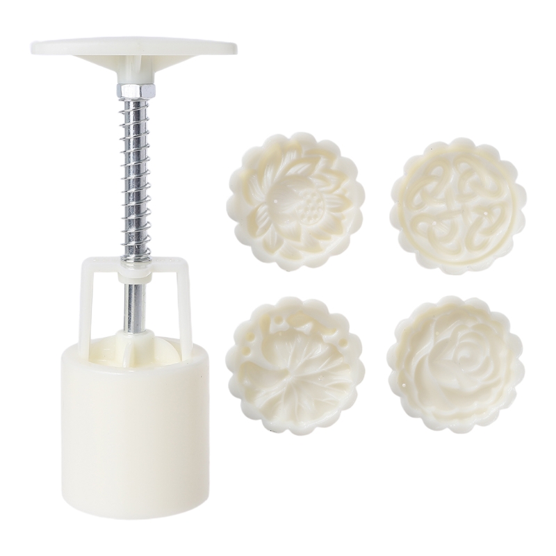 Lotus Leaf Round Moon Cake Molds 50g Hand-Pressure 4 Stamps Chinese Traditional Mooncake Molds for Mid-Autumn DIY Pastry