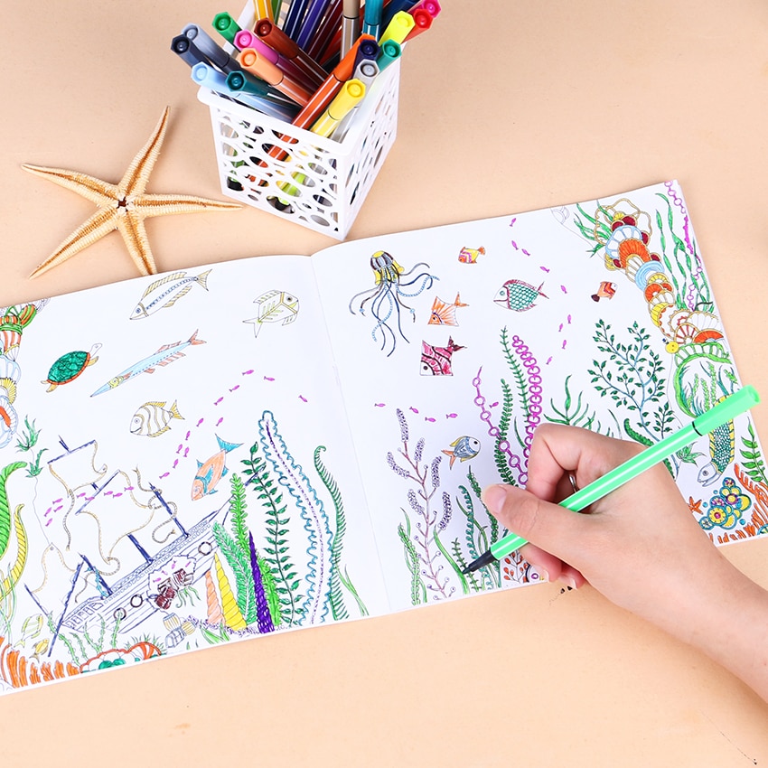 1 PC 24 Pages Lost Ocean Inky Adventure Coloring Book for Children Adult Relieve Stress Kill Time Painting Drawing Art Book