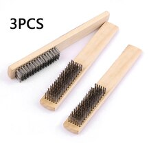 3 Pcs Stainless Steel Wire Brush W/ Wood Handle Wire Brush Rust Removal 8.07Inch For Hand Cleaning Tools