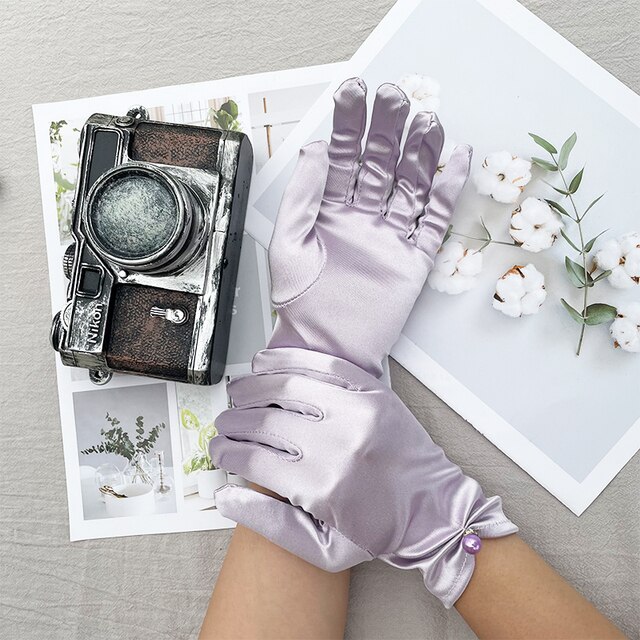 Women's Summer Thin Short Satin Elastic Etiquette Dress Gloves Pearl Lace Bow UV Sunscreen Cycling Driving Mittens K69: Light Purple