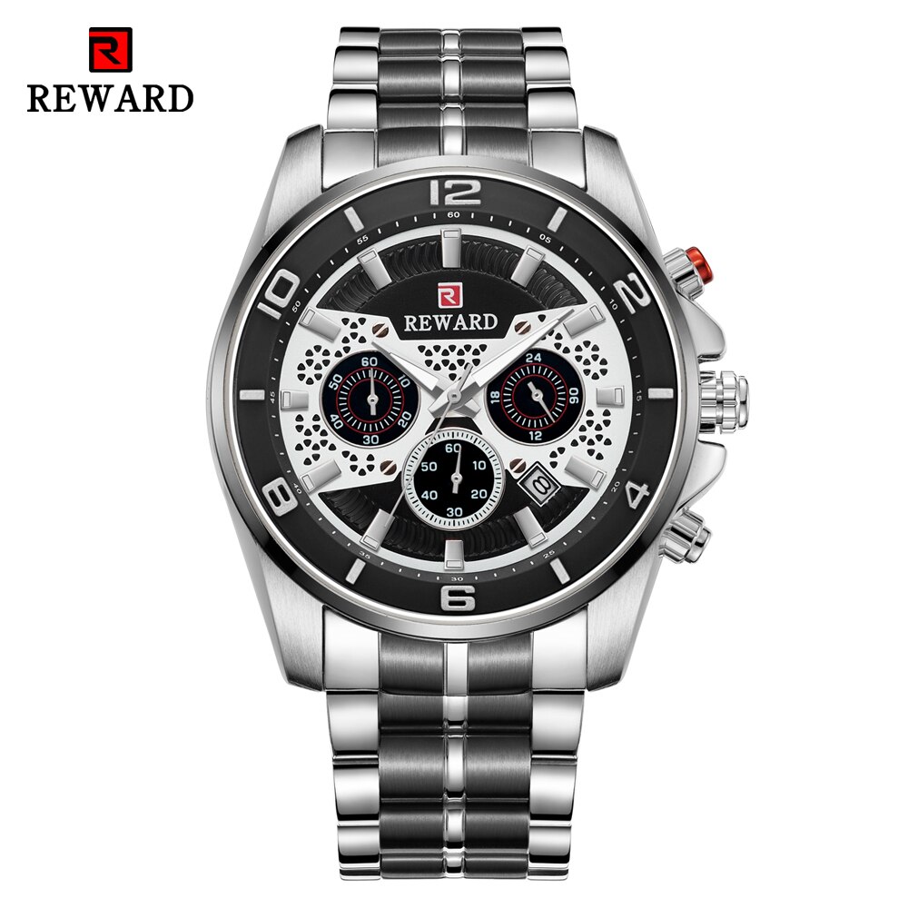 Reward sport chronograaf herenhorloges volledig stalen quartzhorloge grote wijzerplaat waterdicht horloge heren gouden polshorloges relogio masculino: Zilverzwart