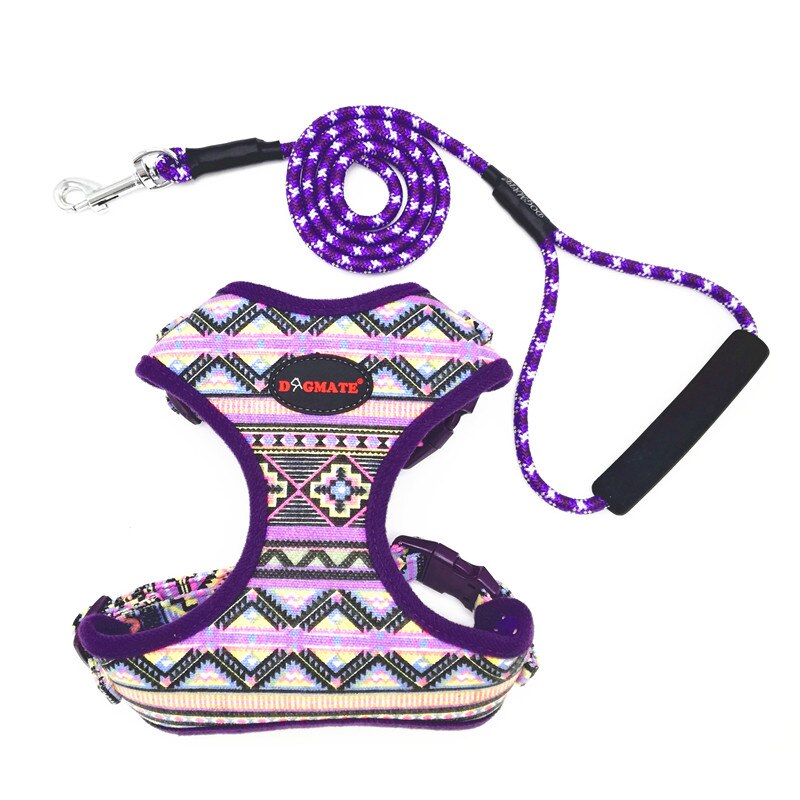 Hond Harnas Kleine Folk Stijl Zachte Canvas Pet Harness En Leash Set Ademend Verstelbare Puppy Harnas Vest Wandelen Leads Yorkie: purple / L 42-55cm chest