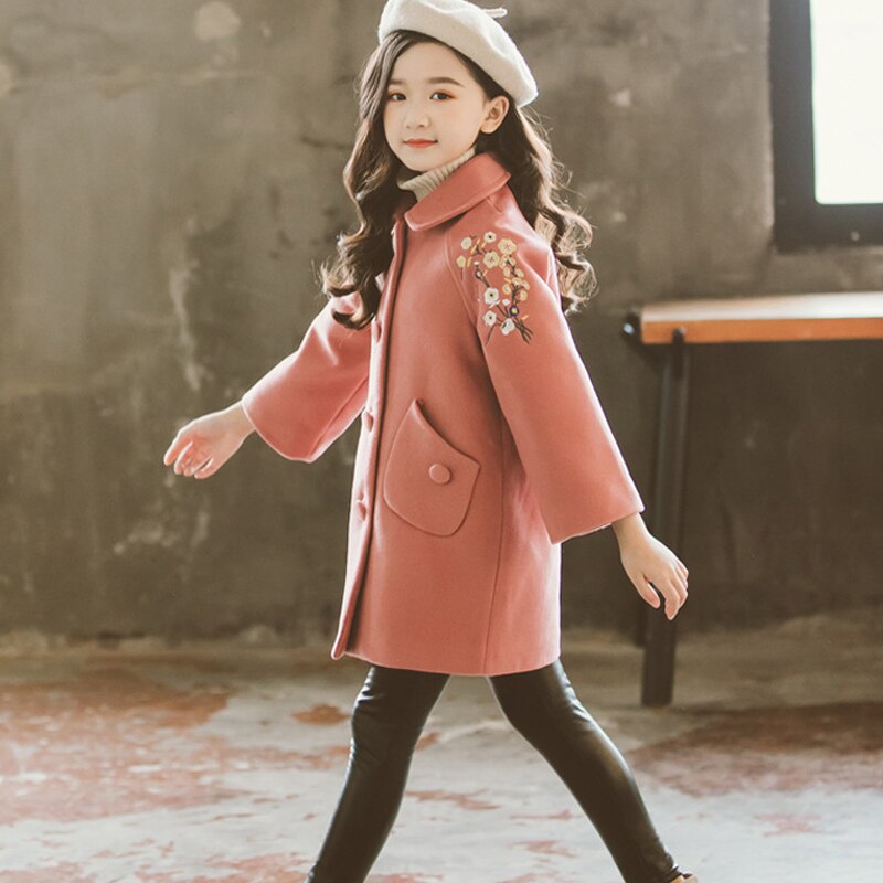 Korean Winter Overcoat Woolen Coat Baby Girls Warm Thickening Tops Lapel Flower Pattern Kids Children Outwear Clothing