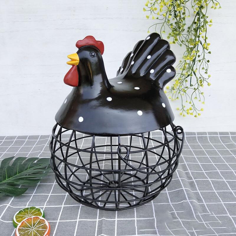 Æg frugt metal opbevaring kurv keramik med låg stor kapacitet mesh brød kurv høne ornament organizer køkken kurv: Sort 3