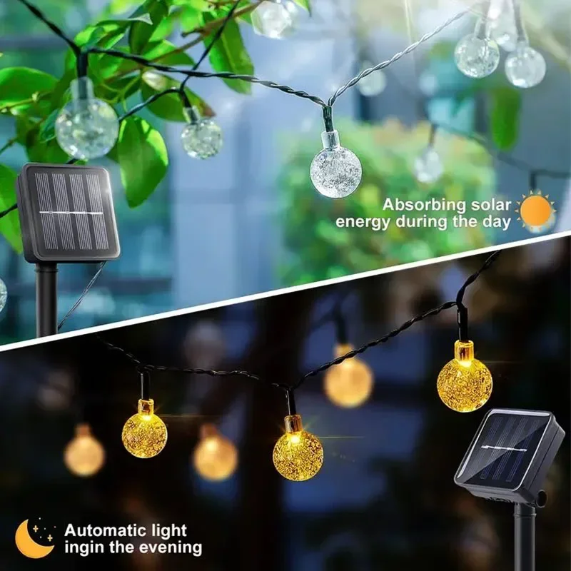 Guirnalda de luces LED con bola de cristal Solar para exteriores, resistente al agua, 8 modos de iluminación para jardín, patio, , Navidad, decoración de boda