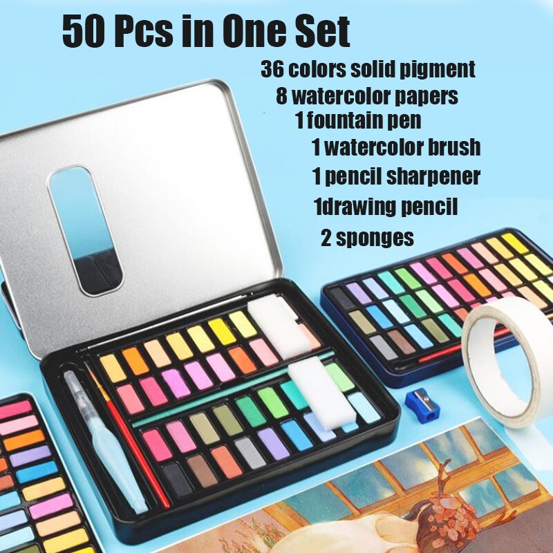 36/48 Kleuren Aquarel Verf In Delicate Doos Effen Aquarellen Met Kwast Aquarel Papier Schilderen Set Art Supplies: 36 Colors Set-Black