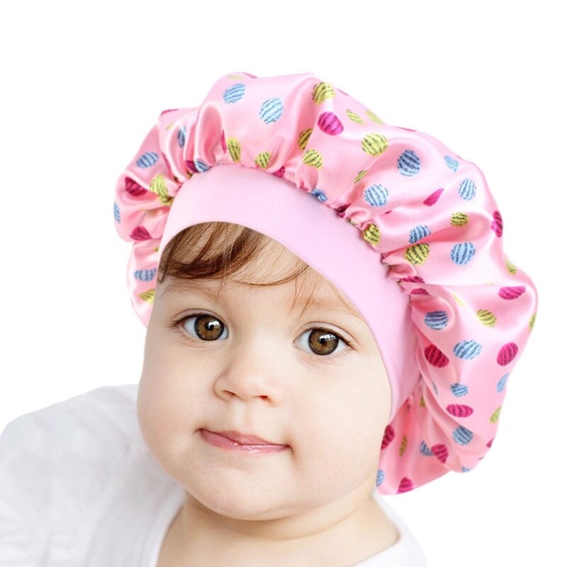 Mignon modèle Bonnet nuit sommeil cheveux casquettes enfants enfants Satin à large bord élastique Turban chapeau fille garçon soins des cheveux accessoires