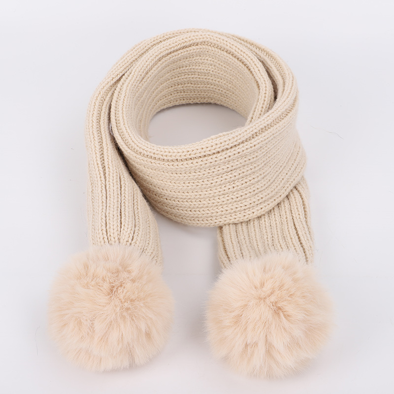 Mode kinderen Gebreide Mutsen Muts Sjaal 2 Stuks Set Effen Kleur Winter Jongen Meisje pompom Zachte Cap sjaals Baby Kids: Beige-3