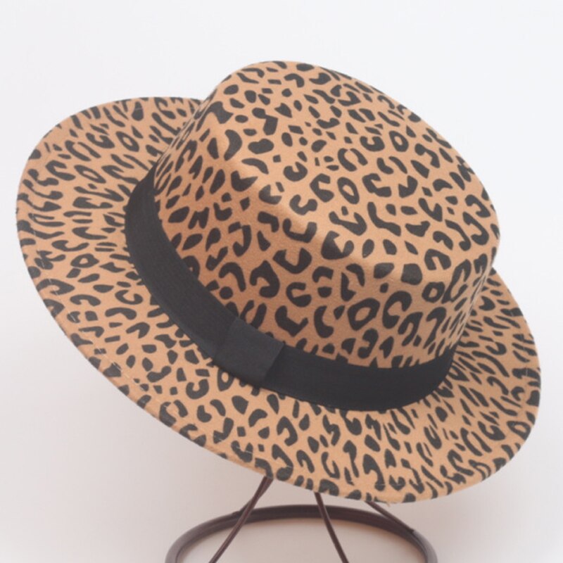 Kvinner menn leopardprint ullfilt båtlue avlet brem flat topp fedora hattemaker retro damer formell fest trilby lokk
