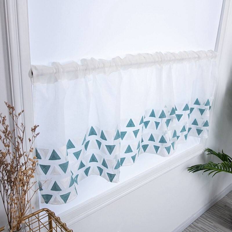 Rideau demi-niveau avec Triangles bleus brodés, rideau court pour cuisine, salle de bain, salon, bon