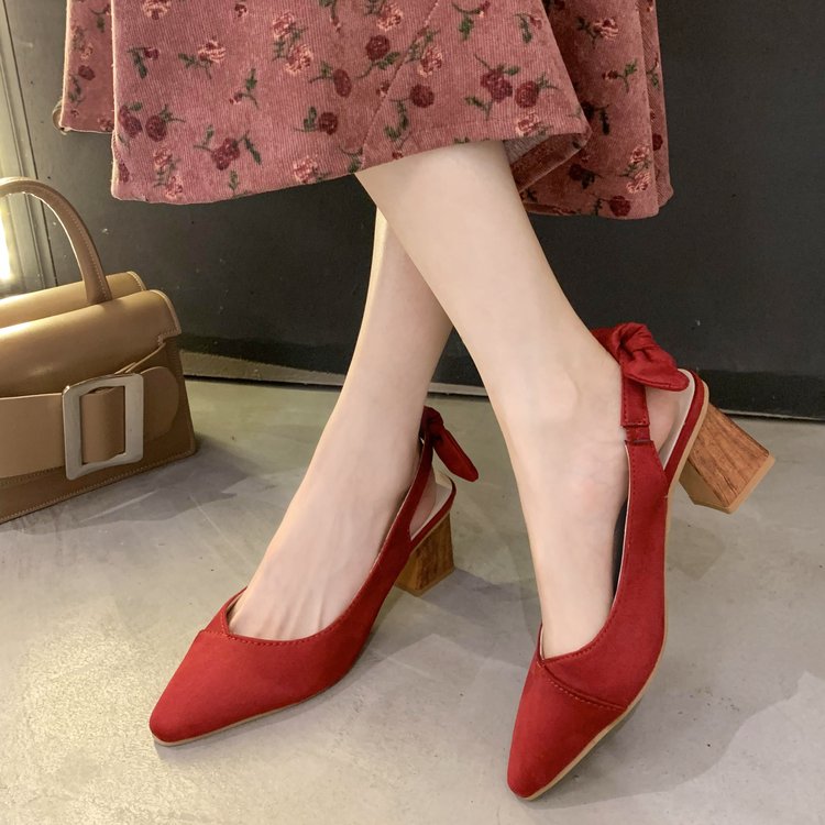 EAGSITY Summer square heel Sandals women slingback pointed toe casual party wedding high heel shoes: Red / 7.5