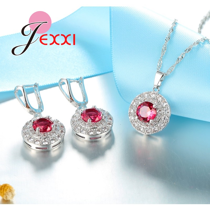 3PCS Schmuck-Set Echt 925 Sterling Silber mit Rot Cubic Zirkon Kristall Halskette/Ohrringe/Ring Hochzeit Engagement schmuck